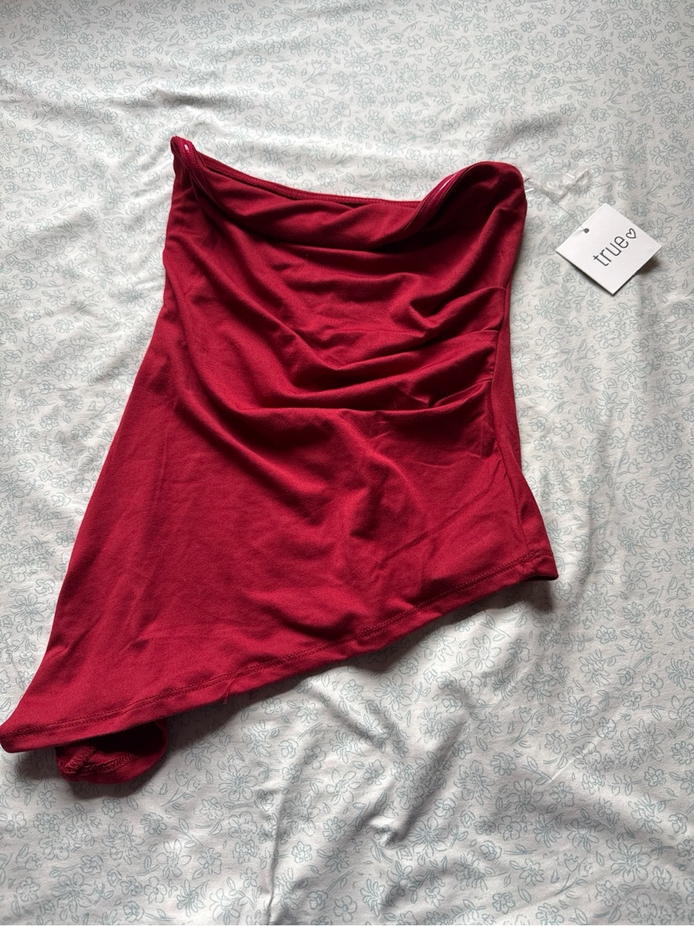 True & Co. Deep Berry Red Strapless Asymmetric Crop Top